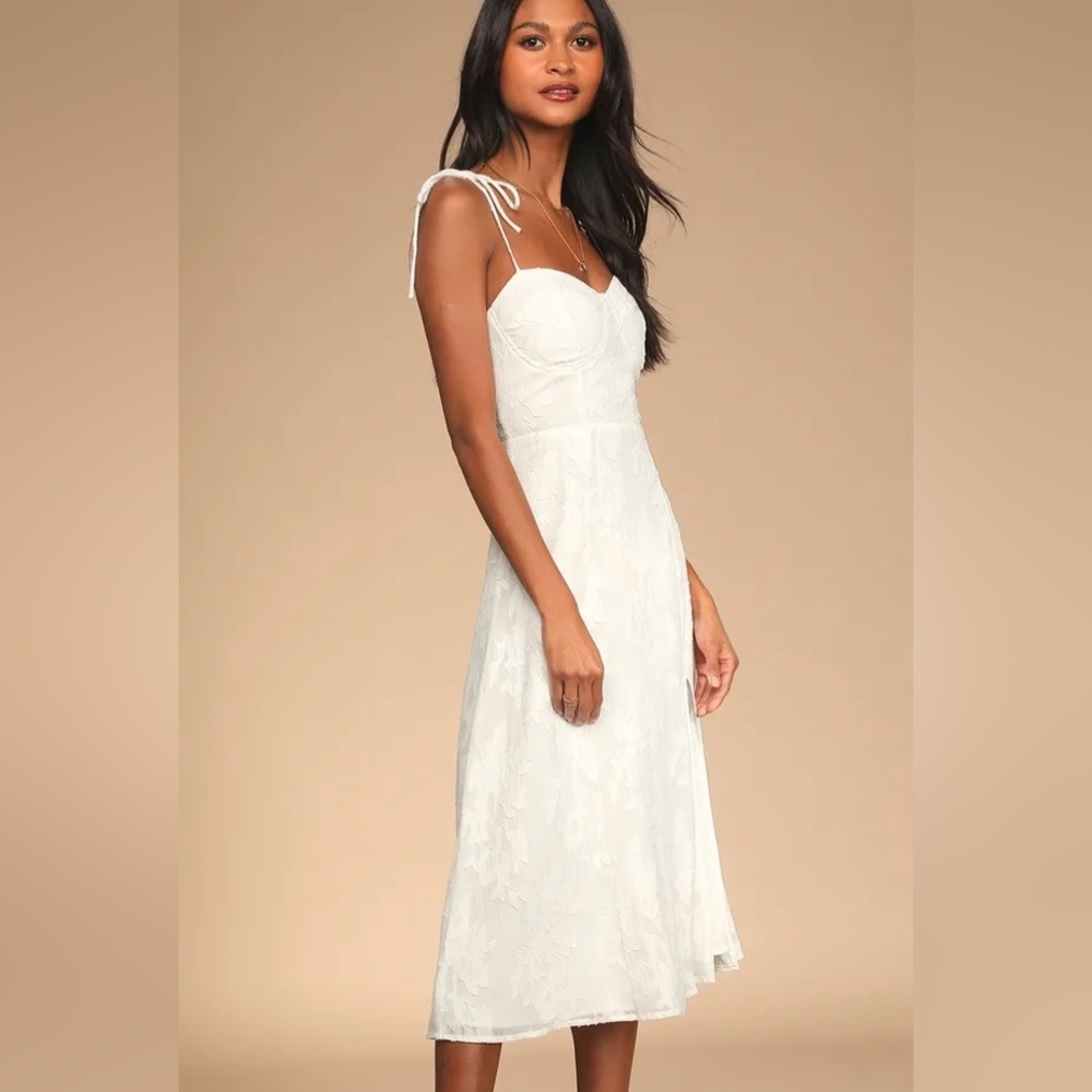 Loveliest Looks White Floral Jacquard Tie-Strap Midi Dress